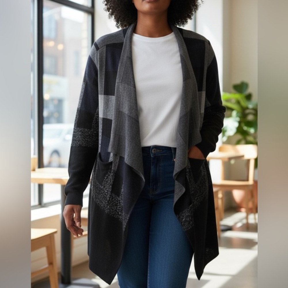 Lane Bryant Black & Grey  Plaid Chic lightweight Waterfall Front Cardigan S14/16